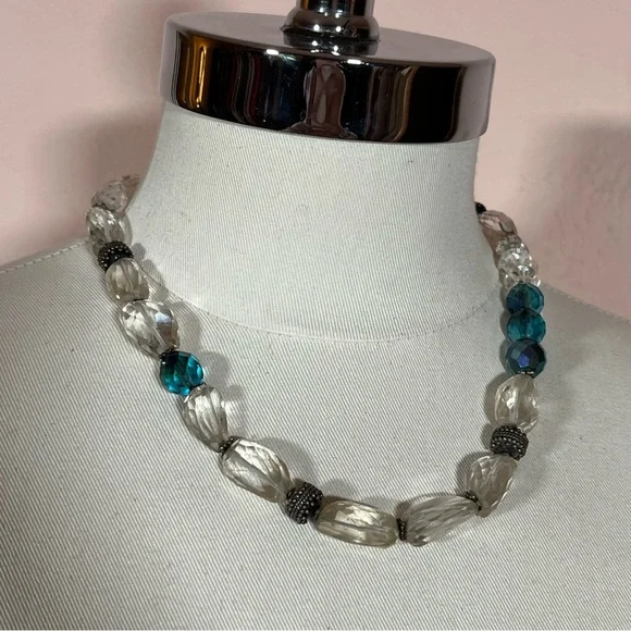 Vintage Bohemian Silver Heavy Clear Quartz Stone Blue Chunky Western Necklace